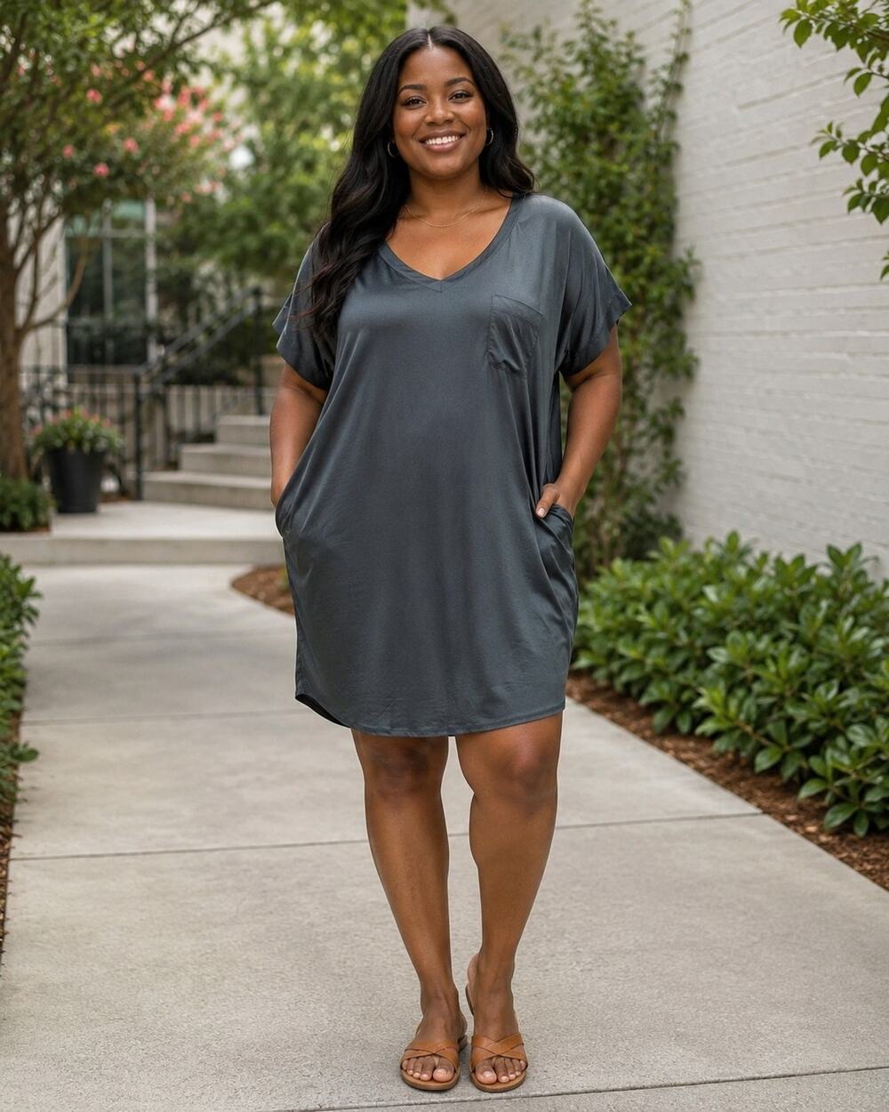 Tulip B Large Dark Green V-Neck T-Shirt Dress Knee Length Side Pockets